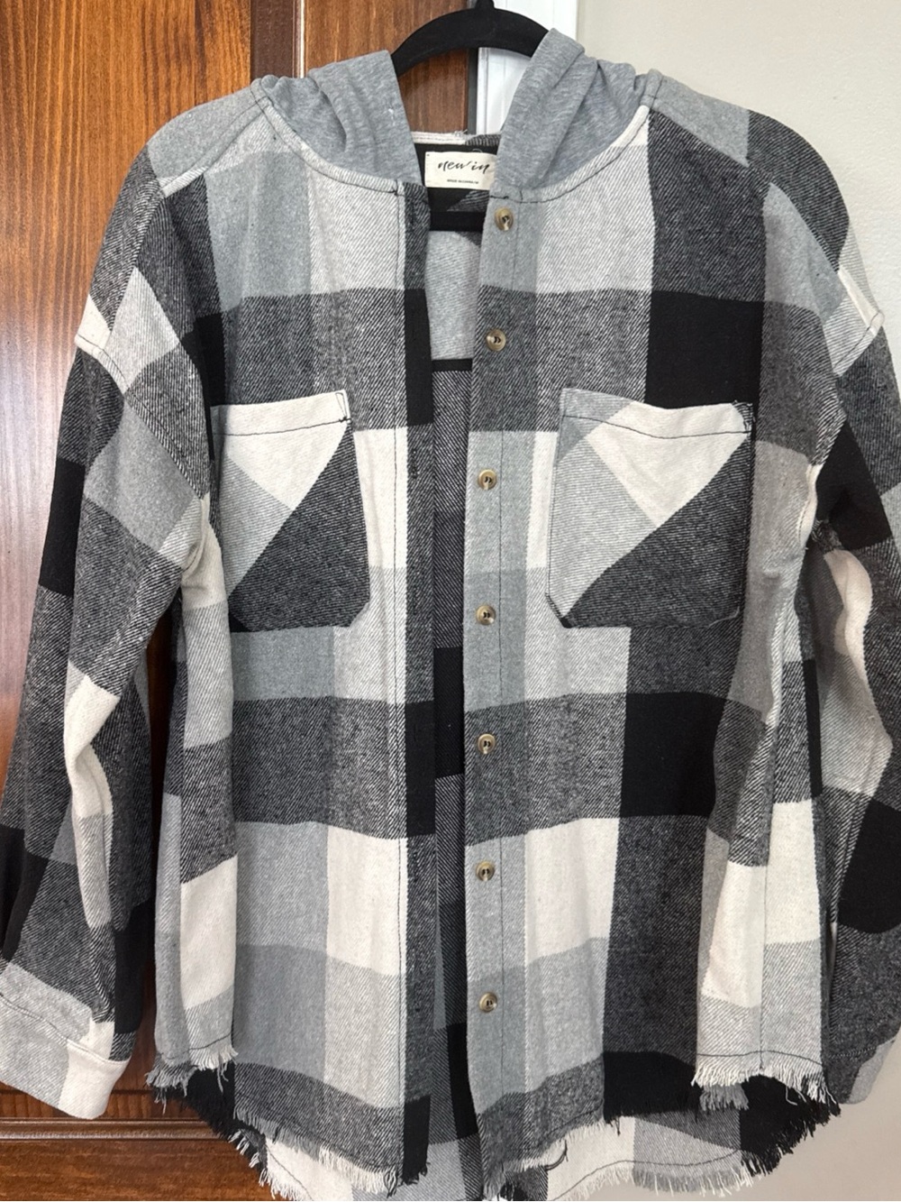 Relaxed Hooded Plaid Shacket in Gray/Black/Cream